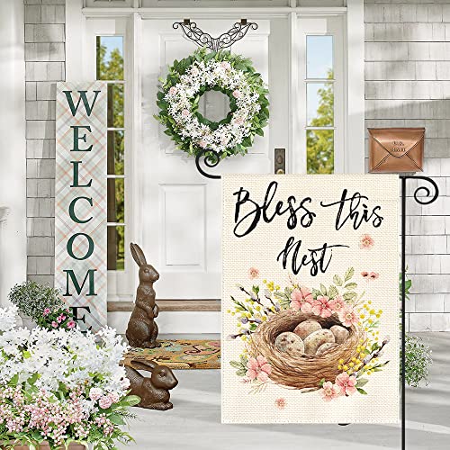 AVOIN colorlife Bless This Nest Garden Flag 12x18 Inch Double Sided Outside, Easter Holiday Yard Outdoor Decoration