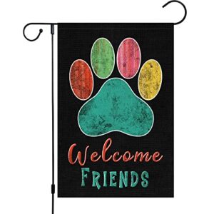 Welcome Dog Paws Garden Flag 12x18 Double Sided, Small Burlap Dog Garden Yard Flags Welcome Friends for House Outside Outdoor Holiday Decor (ONLY FLAG)