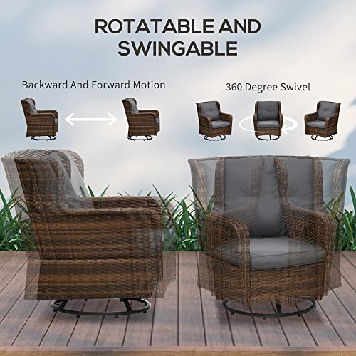 Outsunny 4 Piece PE Wicker Patio Furniture Set, Conversation Set with 2 360° Swivel Rocking Armchairs, 1 Loveseat Sofa, Thick Cushions and Glass Table Top Table, Gray