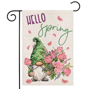 hello spring garden flag for outside 12×18 double sided,gnome with flowers small yard flag, summer seasonal decors for outdoor anniversary wedding farmhouse holiday