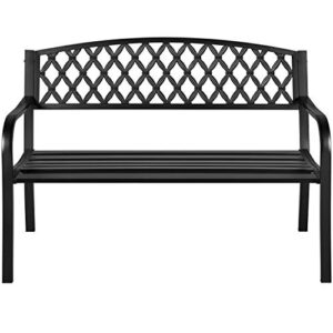topeakmart garden bench outdoor park metal bench, cast iron steel frame patio bench porch bench with cross design and slatted seat clearance for path, yard, backyard, work, lawn, balcony, deck – black