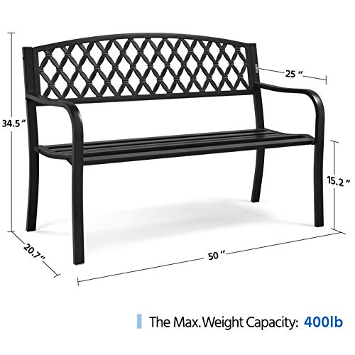 Topeakmart Garden Bench Outdoor Park Metal Bench, Cast Iron Steel Frame Patio Bench Porch Bench with Cross Design and Slatted Seat Clearance for Path, Yard, Backyard, Work, Lawn, Balcony, Deck - Black