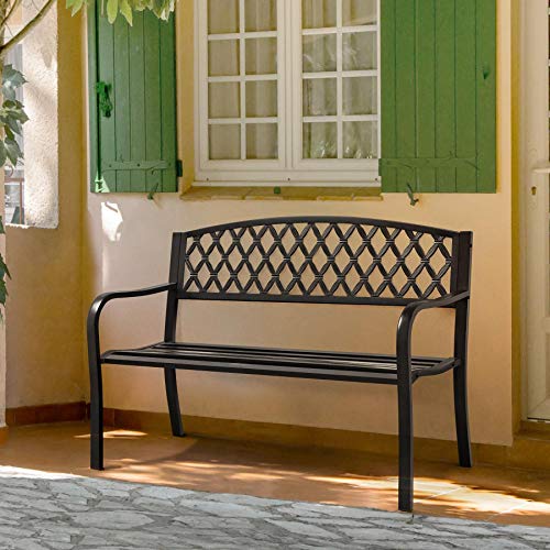 Topeakmart Garden Bench Outdoor Park Metal Bench, Cast Iron Steel Frame Patio Bench Porch Bench with Cross Design and Slatted Seat Clearance for Path, Yard, Backyard, Work, Lawn, Balcony, Deck - Black