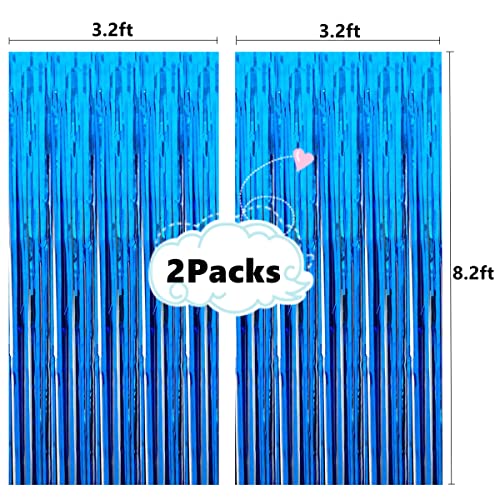 2 Pcs 3.2ft x 8.2ft Shiny Blue Metallic Tinsel Foil Fringe Curtains Photo Booth Backdrop for Birthday Wedding Holiday Celebration Bachelorette Party Decor (Blue)