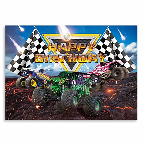 Monster Truck Themed Birthday Party Backdrop Car Grave Digger Party Supplies Burning Flame Photography Background for Baby Boy Cake Table Decorations Banner Photo Booth Props Supplies 7‘x5'