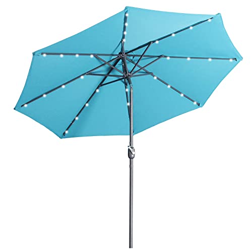 Aok Garden 9 ft Patio Umbrella with Solar Lights Outdoor 32 LED Table Aluminum Pole Umbrella 8 Ribs with Push Button Tilt and Crank for Market, Deck, Backyard and Pool (Blue)