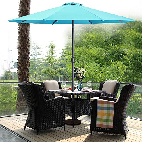 Aok Garden 9 ft Patio Umbrella with Solar Lights Outdoor 32 LED Table Aluminum Pole Umbrella 8 Ribs with Push Button Tilt and Crank for Market, Deck, Backyard and Pool (Blue)