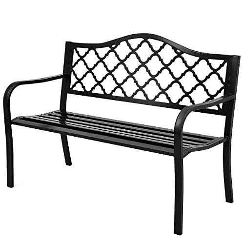 Giantex 50" Patio Garden Bench Loveseats Park Yard Furniture Decor Cast Iron Frame Black (Black Style 1)