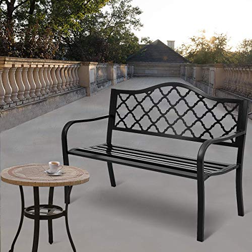 Giantex 50" Patio Garden Bench Loveseats Park Yard Furniture Decor Cast Iron Frame Black (Black Style 1)