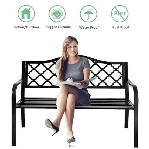 Giantex 50" Patio Garden Bench Loveseats Park Yard Furniture Decor Cast Iron Frame Black (Black Style 1)