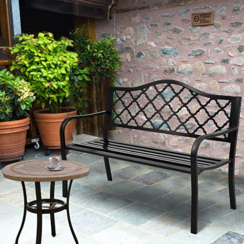 Giantex 50" Patio Garden Bench Loveseats Park Yard Furniture Decor Cast Iron Frame Black (Black Style 1)
