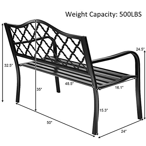 Giantex 50" Patio Garden Bench Loveseats Park Yard Furniture Decor Cast Iron Frame Black (Black Style 1)