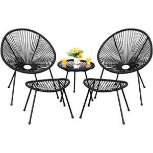 devoko 5 piece outdoor furniture set acapulco modern all-weather conversation set, 2 chairs and 1 glass table with 2 footrest for indoor, patio, lawn, garden, poolside (black)