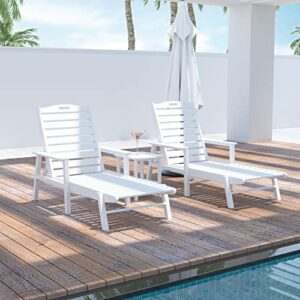 lyuhome outdoor lounge chairs set of 3, lounge beach chairs for outside, pool chaise chairs and side table set patio furniture weather-resistant adjustable(white)