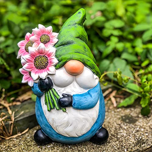 TZSSP Garden Gnome Statue Outdoor Gnome Decor Sping Decor Hand-Painted Statuary with Pink Flower for Patio,Lawn,Garden Decoration