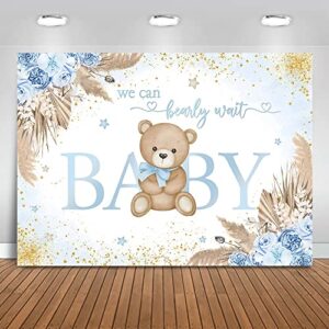 mocsicka boy bear baby shower backdrop blue boho pampas grass baby shower background we can bearly wait baby shower party cake table decoration photo booth props (7x5ft)