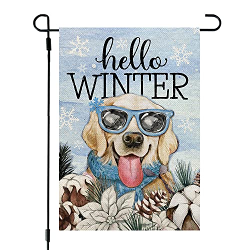 CROWNED BEAUTY Hello Winter Dog Golden Retriever Garden Flag 12x18 Inch Small Double Sided Yard Decorative Holiday Seasonal Outside Welcome Burlap Farmhouse Decoration