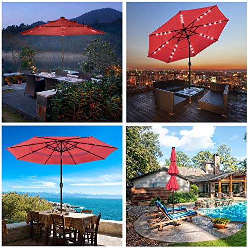 Yescom 10ft 3 Tier UV70+ Solar Powered Patio Umbrella with LED Crank Tilt Button Outdoor Home Garden Yard Deck