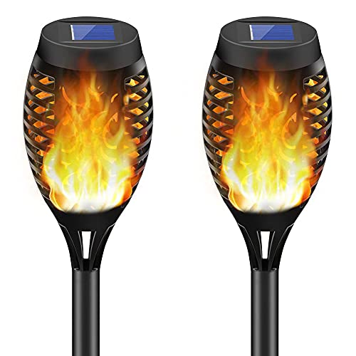 HomeyYee Solar Torch Light with Flickering Flame,2 Pack 12led Solar Tiki Torches Waterproof Landscape Decoration Flame Lights Outdoor for Garden Yard - Auto On/Off