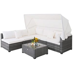 happygrill 6-piece pe rattan patio furniture set, outdoor sectional sofa set with retractable canopy, patio conversation set with tempered glass coffee table, soft cushions and 2 throw pillows