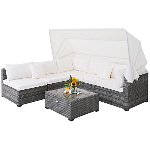 HAPPYGRILL 6-Piece PE Rattan Patio Furniture Set, Outdoor Sectional Sofa Set with Retractable Canopy, Patio Conversation Set with Tempered Glass Coffee Table, Soft Cushions and 2 Throw Pillows