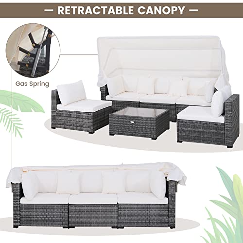 HAPPYGRILL 6-Piece PE Rattan Patio Furniture Set, Outdoor Sectional Sofa Set with Retractable Canopy, Patio Conversation Set with Tempered Glass Coffee Table, Soft Cushions and 2 Throw Pillows