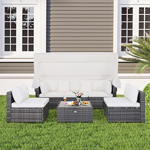 HAPPYGRILL 6-Piece PE Rattan Patio Furniture Set, Outdoor Sectional Sofa Set with Retractable Canopy, Patio Conversation Set with Tempered Glass Coffee Table, Soft Cushions and 2 Throw Pillows