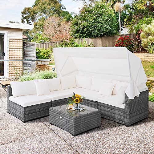 HAPPYGRILL 6-Piece PE Rattan Patio Furniture Set, Outdoor Sectional Sofa Set with Retractable Canopy, Patio Conversation Set with Tempered Glass Coffee Table, Soft Cushions and 2 Throw Pillows