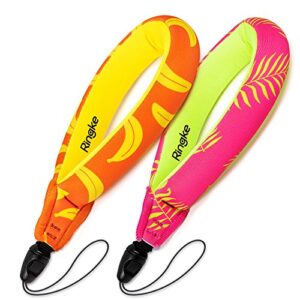 ringke waterproof float strap (2 pack), underwater floating strap, wristband, hand grip, lanyard compatible with camera, phone, key and sunglasses (palm leaves & banana)
