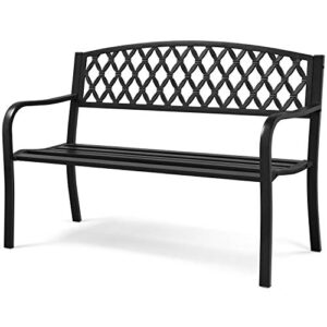 yaheetech outdoor park garden bench patio porch bench, iron metal bench with mesh back and slatted seat for yard, front porch, backyard, lawn, path, deck, work, entryway, black