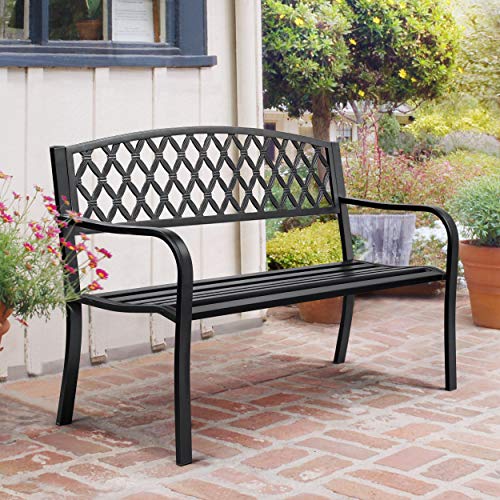 Yaheetech Outdoor Park Garden Bench Patio Porch Bench, Iron Metal Bench with Mesh Back and Slatted Seat for Yard, Front Porch, Backyard, Lawn, Path, Deck, Work, Entryway, Black