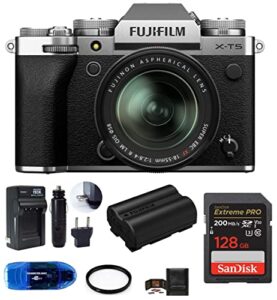 fujifilm x-t5 mirrorless digital camera with xf 18-55mm f/2.8-4 r lm ois lens bundle, includes: sandisk 128gb extreme pro sdxc memory card, spare fujifilm np-w235 battery + more (7 items) (silver)