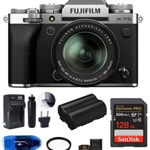 Fujifilm X-T5 Mirrorless Digital Camera with XF 18-55mm f/2.8-4 R LM OIS Lens Bundle, Includes: SanDisk 128GB Extreme PRO SDXC Memory Card, Spare Fujifilm NP-W235 Battery + More (7 Items) (Silver)