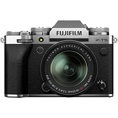 Fujifilm X-T5 Mirrorless Digital Camera with XF 18-55mm f/2.8-4 R LM OIS Lens Bundle, Includes: SanDisk 128GB Extreme PRO SDXC Memory Card, Spare Fujifilm NP-W235 Battery + More (7 Items) (Silver)