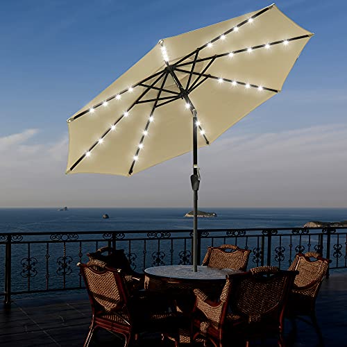 YesHom 9' Outdoor Solar Powered LED Umbrella 8 Ribs w/ 32 Lights Patio Garden Market Umbrella Tilt and Crank UV30 Beige