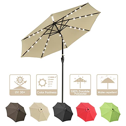 YesHom 9' Outdoor Solar Powered LED Umbrella 8 Ribs w/ 32 Lights Patio Garden Market Umbrella Tilt and Crank UV30 Beige