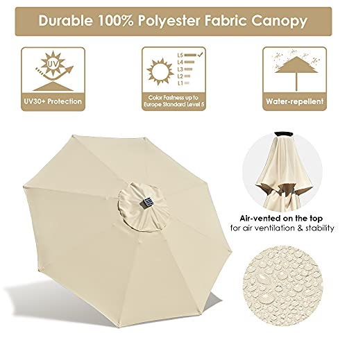 YesHom 9' Outdoor Solar Powered LED Umbrella 8 Ribs w/ 32 Lights Patio Garden Market Umbrella Tilt and Crank UV30 Beige