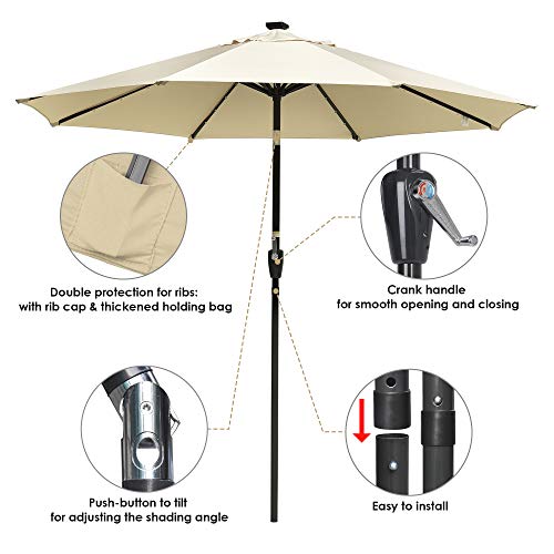 YesHom 9' Outdoor Solar Powered LED Umbrella 8 Ribs w/ 32 Lights Patio Garden Market Umbrella Tilt and Crank UV30 Beige