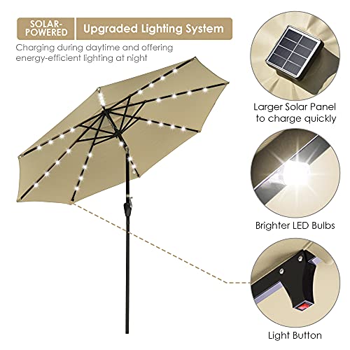 YesHom 9' Outdoor Solar Powered LED Umbrella 8 Ribs w/ 32 Lights Patio Garden Market Umbrella Tilt and Crank UV30 Beige