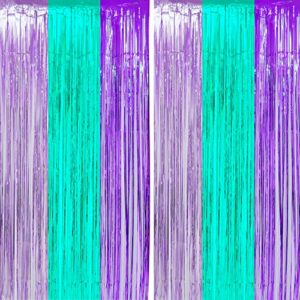 teal purple tinsel foil fringe curtains – under the sea baby shower birthday photo backdrops wedding summer beach pool party decor photo booth props backdrops decorations, 2pc
