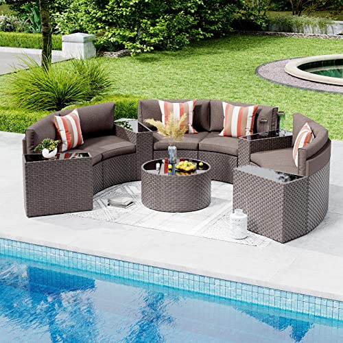 SUNSITT Outdoor Sectional Set 11-Piece Half Moon Patio Furniture, PE Wicker Sofa Taupe Cushions with 4 Side Table and 4 Pillows
