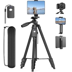 63″ tripod stand for 4″-13″ phone & tablet, camera tripod stand with rechargeable remote & bag, aluminum professional tripod 2 in 1 mount & 1/4″ screw tripods for iphone, ipad, camera, projector