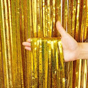 beayfily 3 pack fringe curtains party decorations,tinsel backdrop curtains for parties,photo booth wedding graduations birthday christmas event party supplies (golden)