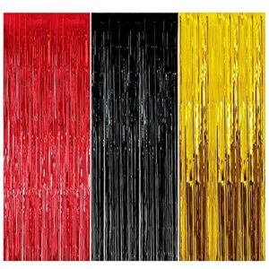 mickey birthday party supplies, red black gold fringe curtains photo backdrop for party decorations (3 pack)