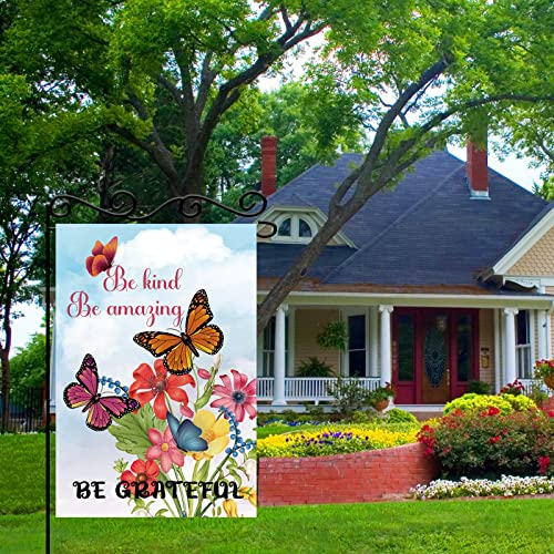 MEFENG Be Kind Be Amazing Be Grateful Garden Flag - Seasonal Summer Spring Welcome Garden Banner - Butterfly Flower Lawn Sign Yard Flag - Durable & Fade Resistant -Double Sided 12 x 18 Inch