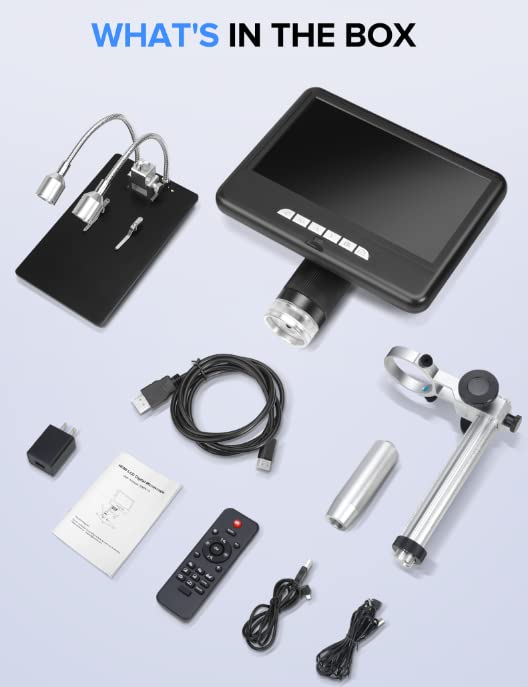2K LCD Digital Microscope 1200X, Dcorn 7" 24MP HDMI Microscope, Soldering Coin Microscope with Lights, Extension Tube & 32GB Card Included, Coin Magnifier with Light
