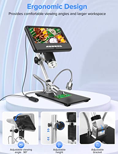 2K LCD Digital Microscope 1200X, Dcorn 7" 24MP HDMI Microscope, Soldering Coin Microscope with Lights, Extension Tube & 32GB Card Included, Coin Magnifier with Light