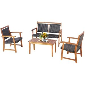 tangkula 4 pieces patio rattan conversation set with acacia wood frame, patiojoy outdoor furniture set with chairs & coffee table, sectional furniture set for garden, backyard, poolside