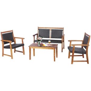 Tangkula 4 Pieces Patio Rattan Conversation Set with Acacia Wood Frame, Patiojoy Outdoor Furniture Set with Chairs & Coffee Table, Sectional Furniture Set for Garden, Backyard, Poolside