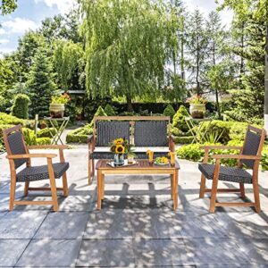 Tangkula 4 Pieces Patio Rattan Conversation Set with Acacia Wood Frame, Patiojoy Outdoor Furniture Set with Chairs & Coffee Table, Sectional Furniture Set for Garden, Backyard, Poolside